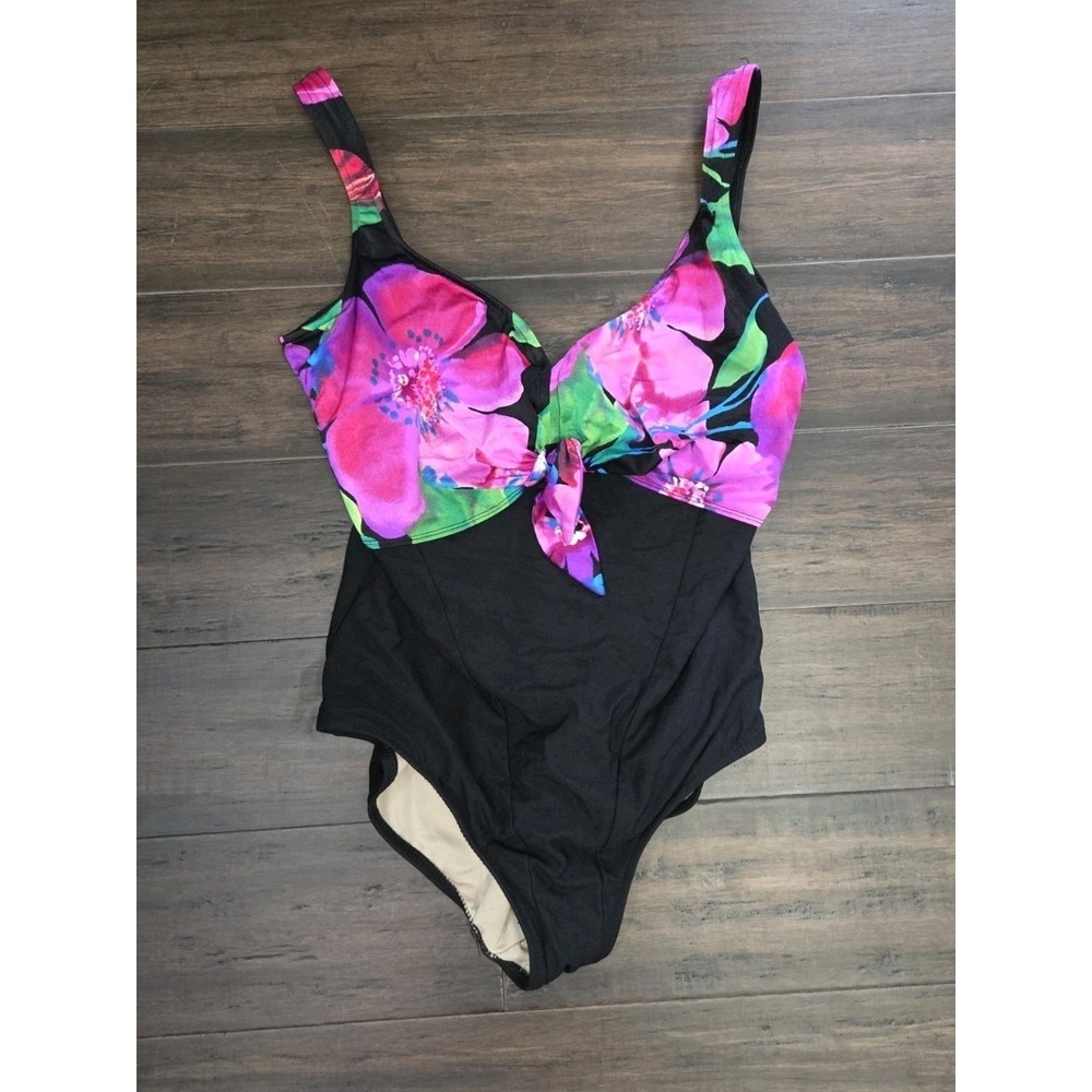 Carol Wior One Piece Swimsuit Neon Tropical Floral Plus Size 18 Tie Front